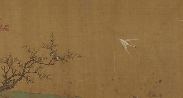 The kinetic heart of the scroll; multiple birds frozen at different wing positions in a single moment , technically demanding on absorbent silk with no room to correct.