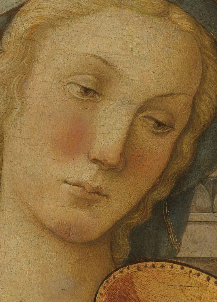 Look at her serene face, her downcast eyes.