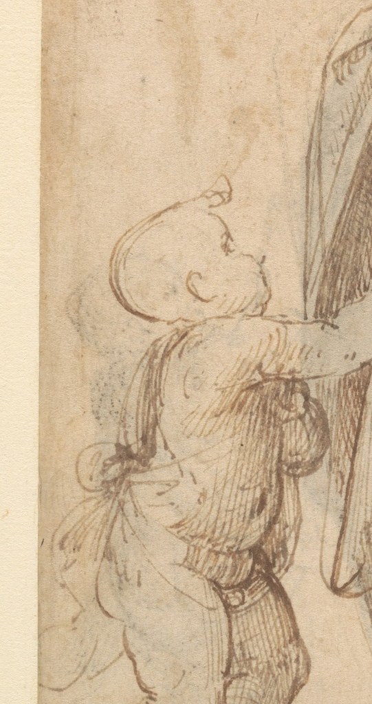 Identifiable by his slight lean toward the Christ Child, he gestures upward in adoration , the earliest visual encounter between the two cousins.