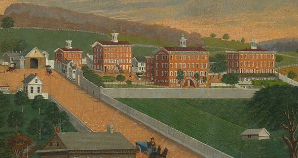 The institutional heart of the scene , multiple joined stone-and-brick structures convey the scale and ambition of 19th-century Pennsylvania poor relief; Hofmann's sign-painter clarity gives each window and roofline cartographic precision.