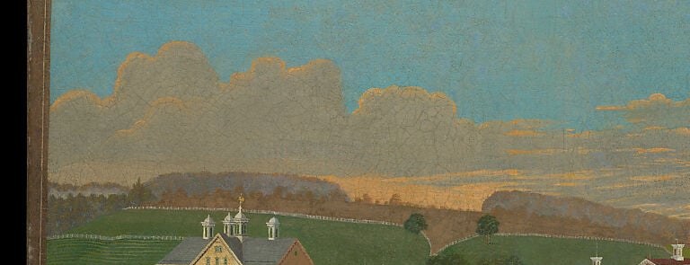 Situates the almshouse within a specific Schuylkill County landscape; the hills are rendered with enough topographic specificity to feel like a real view rather than generic pastoral backdrop.