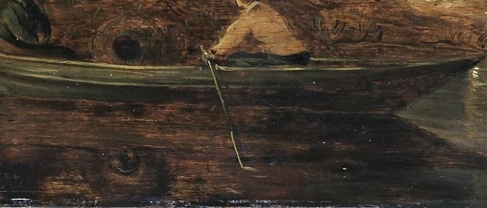 A lone rower navigates the calm water, his journey solitary.