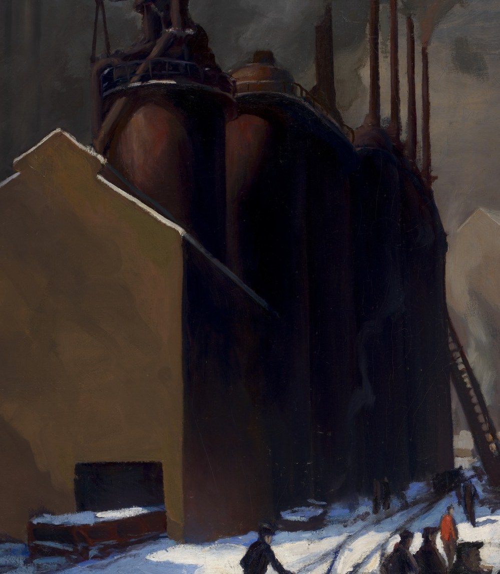 Its imposing scale and dark tones dominate the background, representing the industrial might of the era.