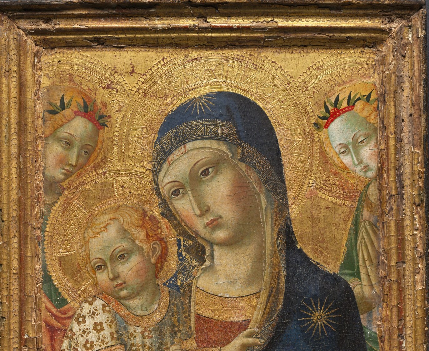 Luminous gold ground evokes Byzantine icon tradition , in 1849 this was a deliberate archaizing choice; the anachronism is itself the argument