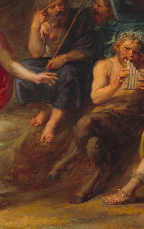 A crowned king reduced to supplication before divinity , the entire myth's warning about hubris compressed into one figure's posture.