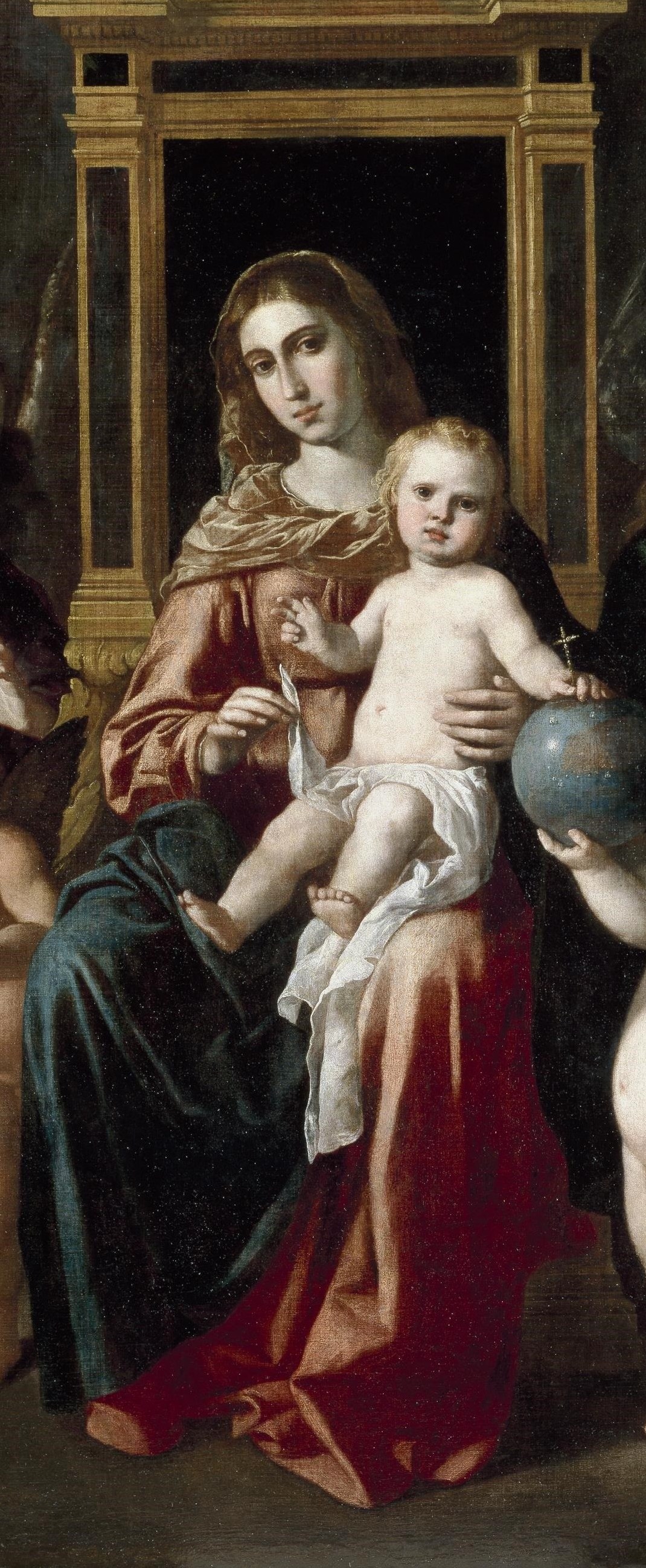 The Virgin Mary and Christ Child appear on a gilded throne.