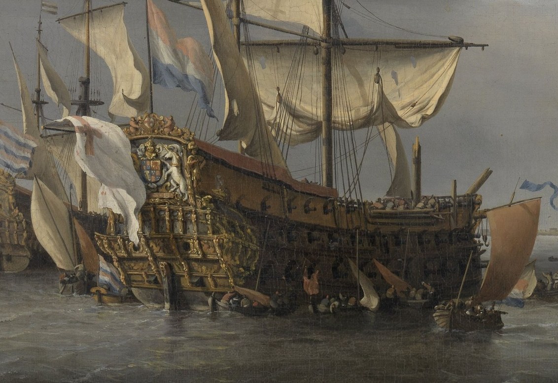 A captured English warship. The hull battered by cannon fire.
