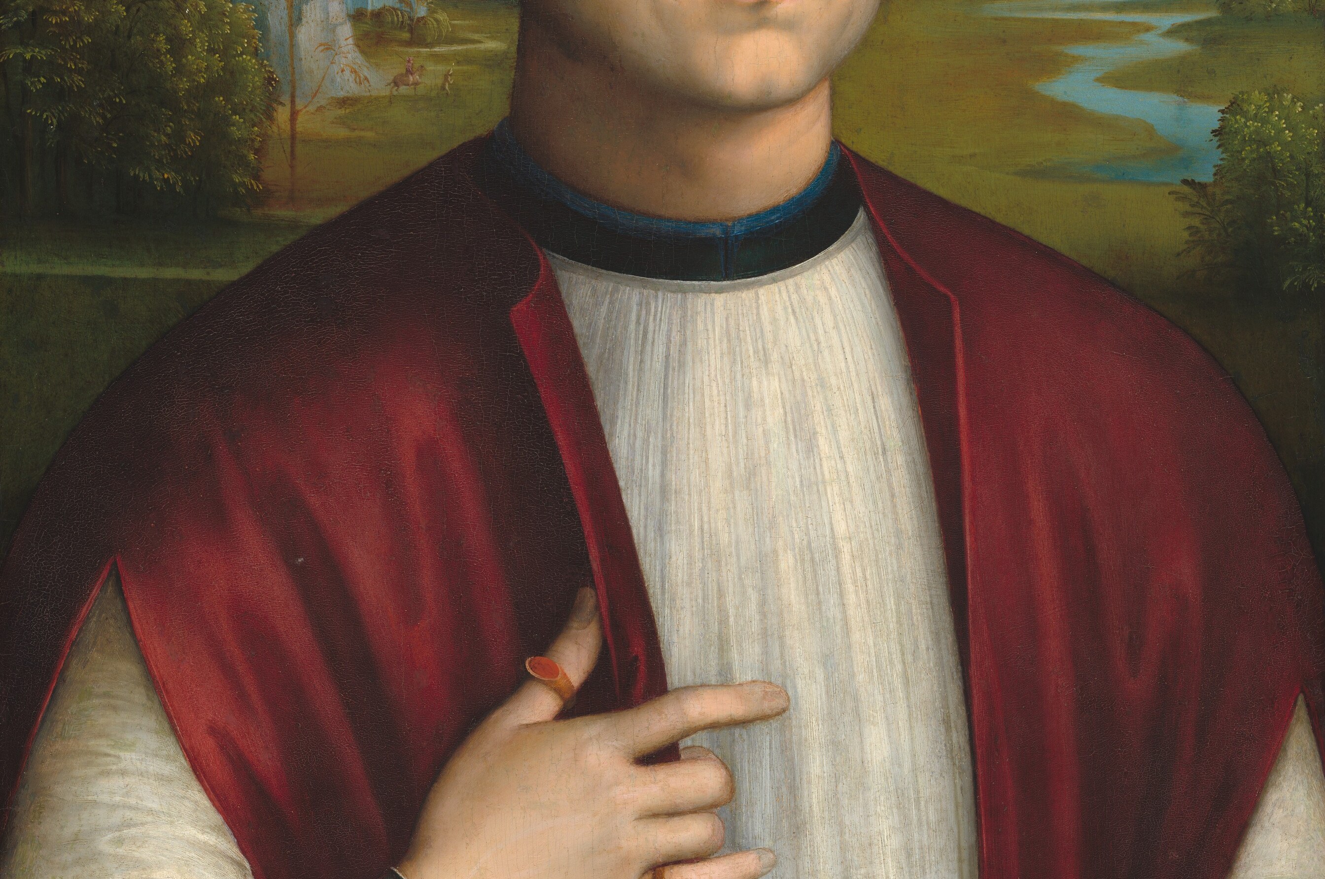 Cardinal red commands the lower two-thirds of the panel; the hue signals high church rank and the folds demonstrate Francia's command of saturated cloth in lamplight