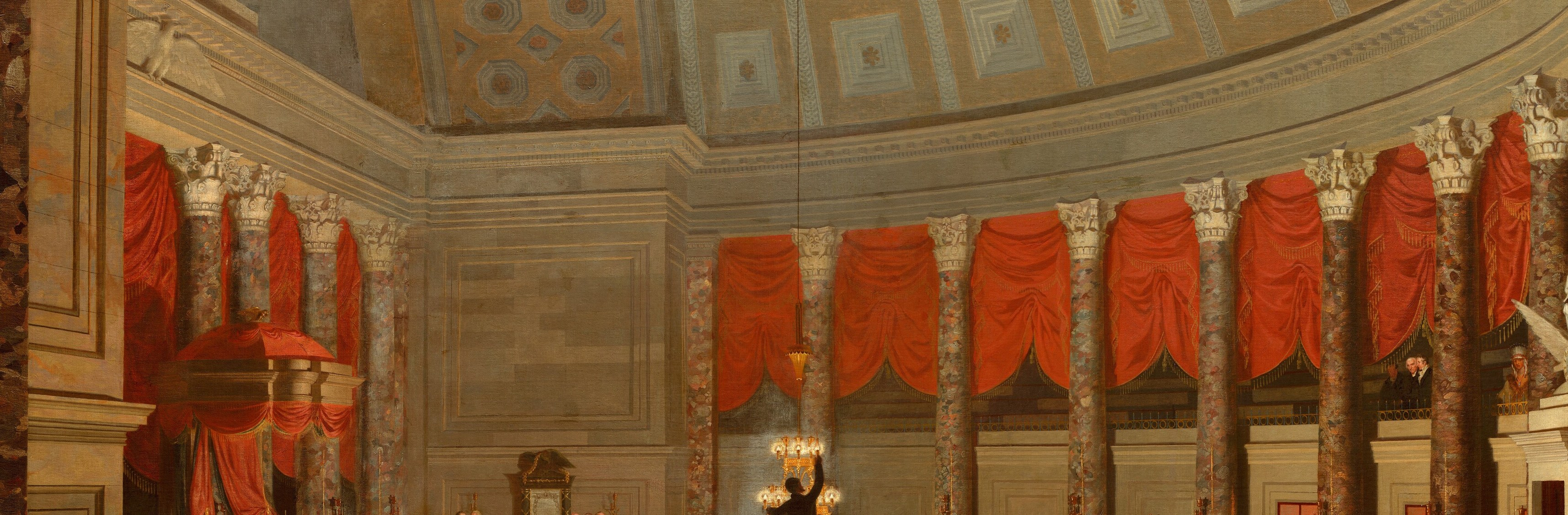 The scarlet curtains are the painting's dominant color statement, turning a working legislature into something almost operatic , theatrical power made architectural.