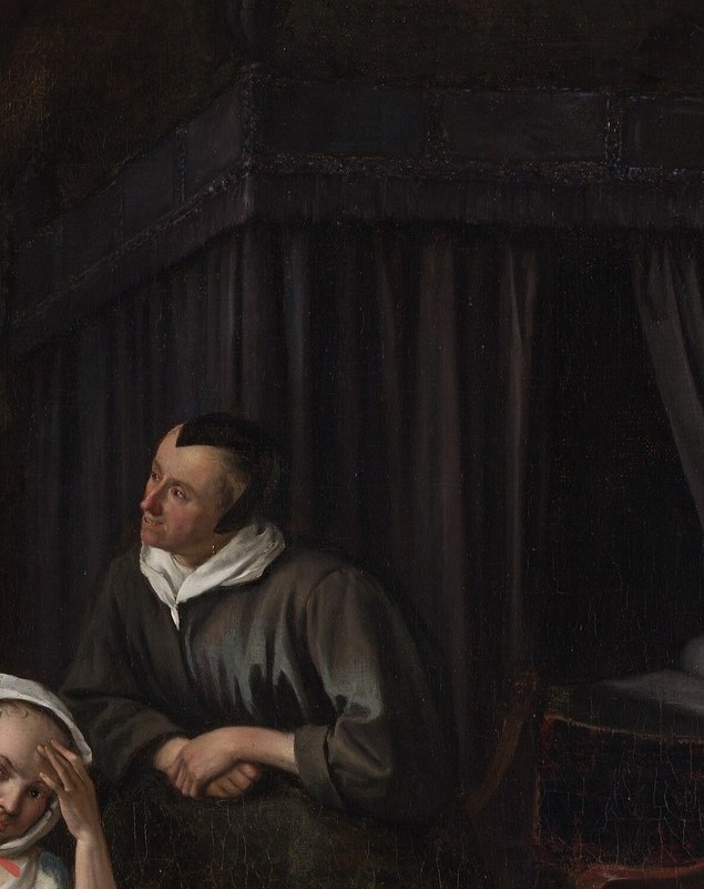 Her expression and posture suggest she understands what the physician does not; Steen habitually uses background figures as a moral chorus commenting on the foreground