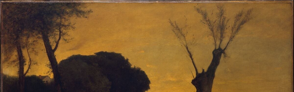 The dominant visual element , a luminous amber-to-ochre gradient that Inness builds the entire emotional register of the painting on; everything else exists only to silhouette against it