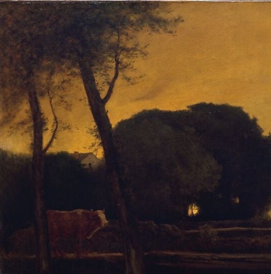 The largest mass of the composition; the bare branching limbs dissolve into the sky and show Inness pressing forms to near-abstraction before Tonalism had a name
