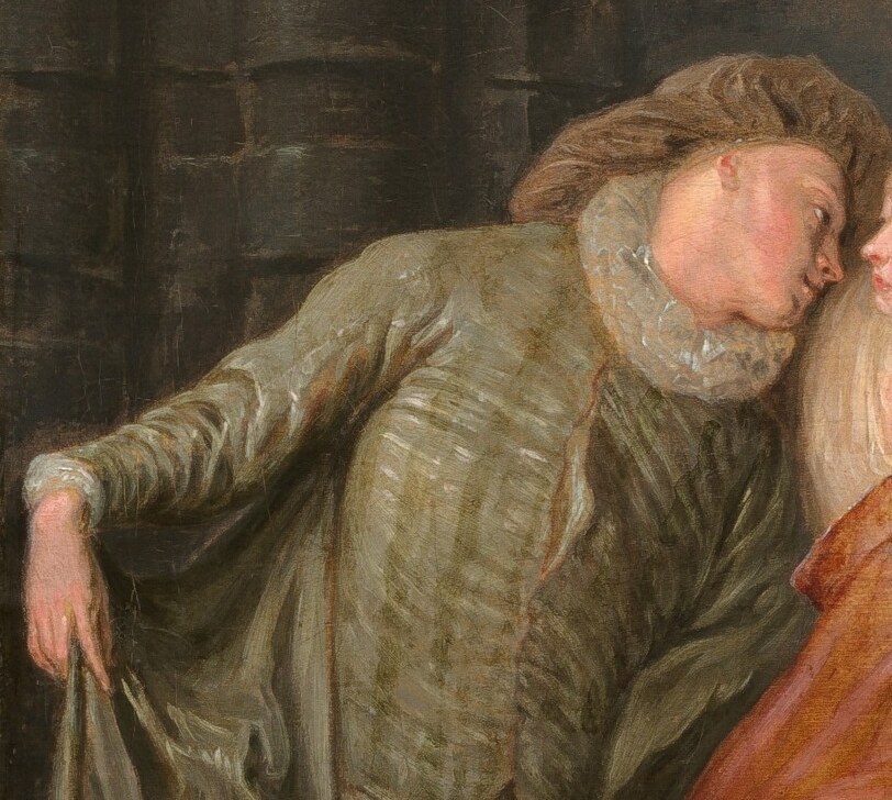 Underneath the arch, another figure is whispering.