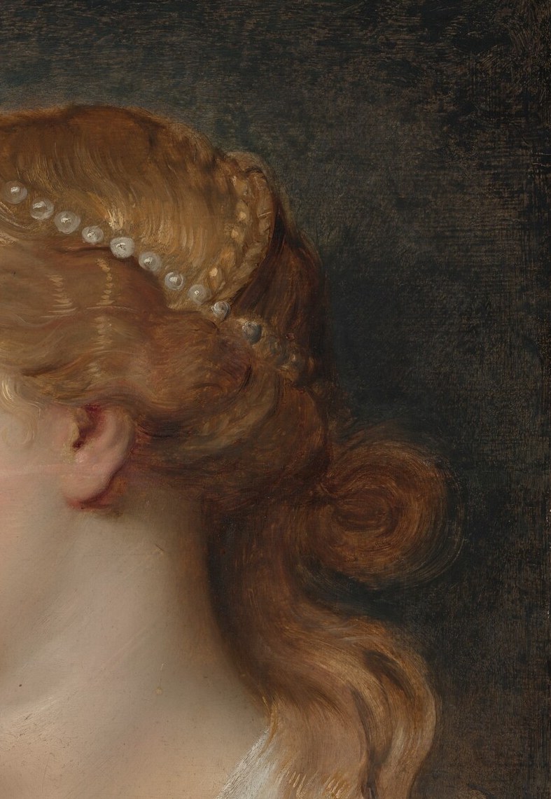 Individual honey-gold strands catch light against the dark ground creating a warm halo , Rubens's Venetian-influenced handling of hair as living light rather than solid mass.