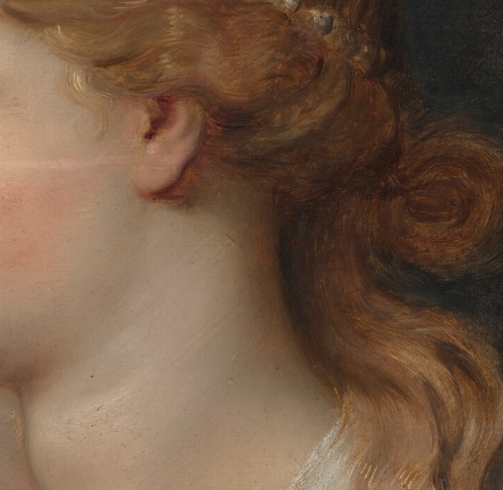 The straight Augustan nose and faintly open lips echo ancient marble portrait busts Rubens studied in Italy , stone recalled in warm paint.