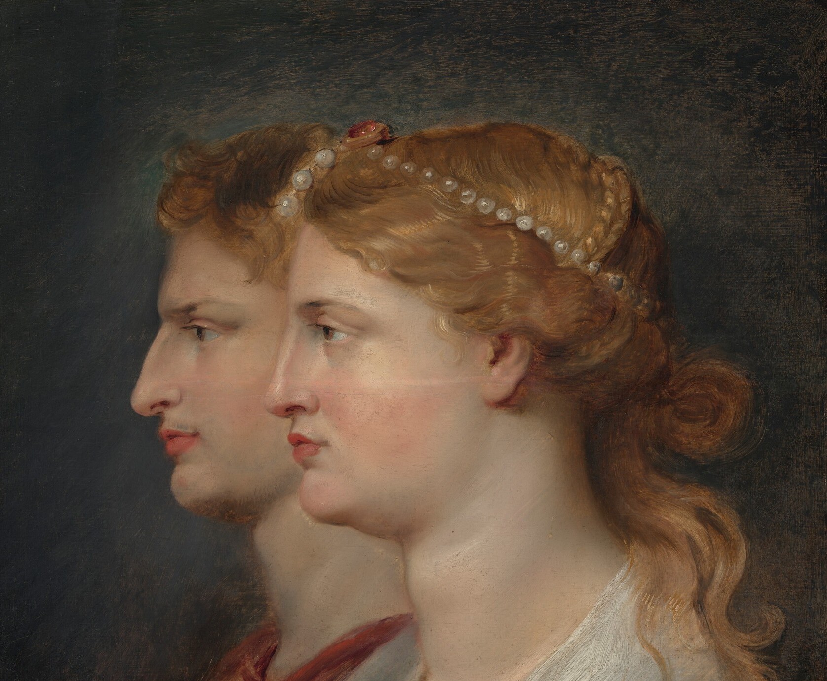Step back and the two profiles lock into a single sculptural unit that consciously quotes ancient two-headed cameo gems , the painting's entire intellectual argument (antiquity reborn in oil) is legible in one outline.