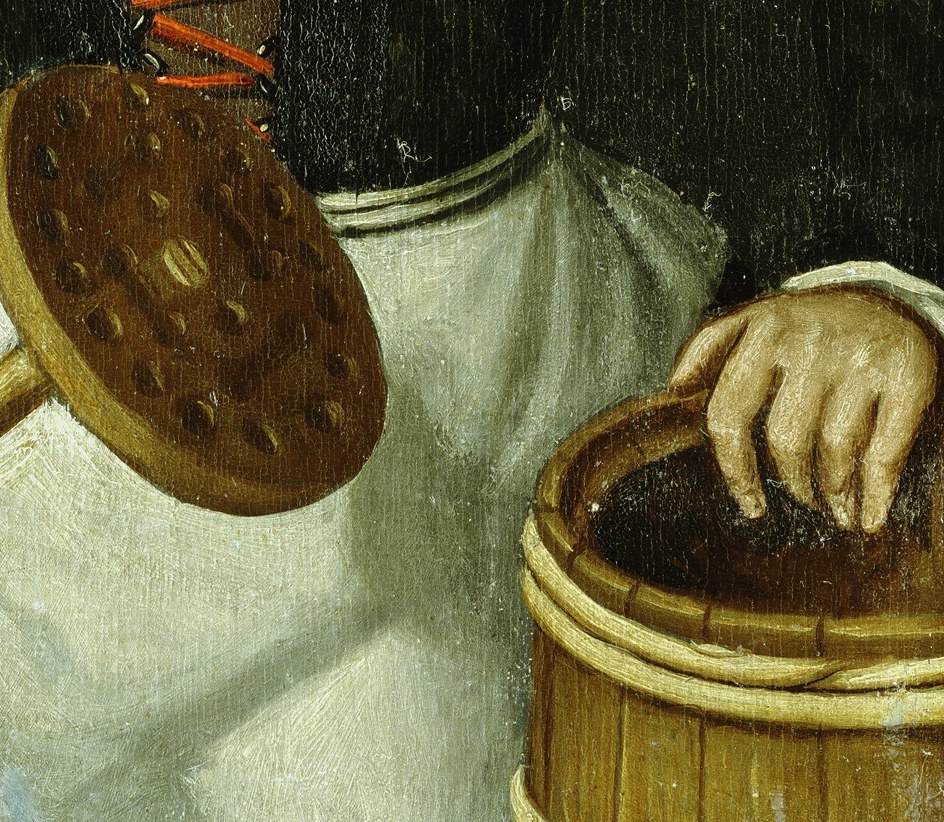 This tool, likely for washing or stirring, emphasizes the manual labor associated with her role.