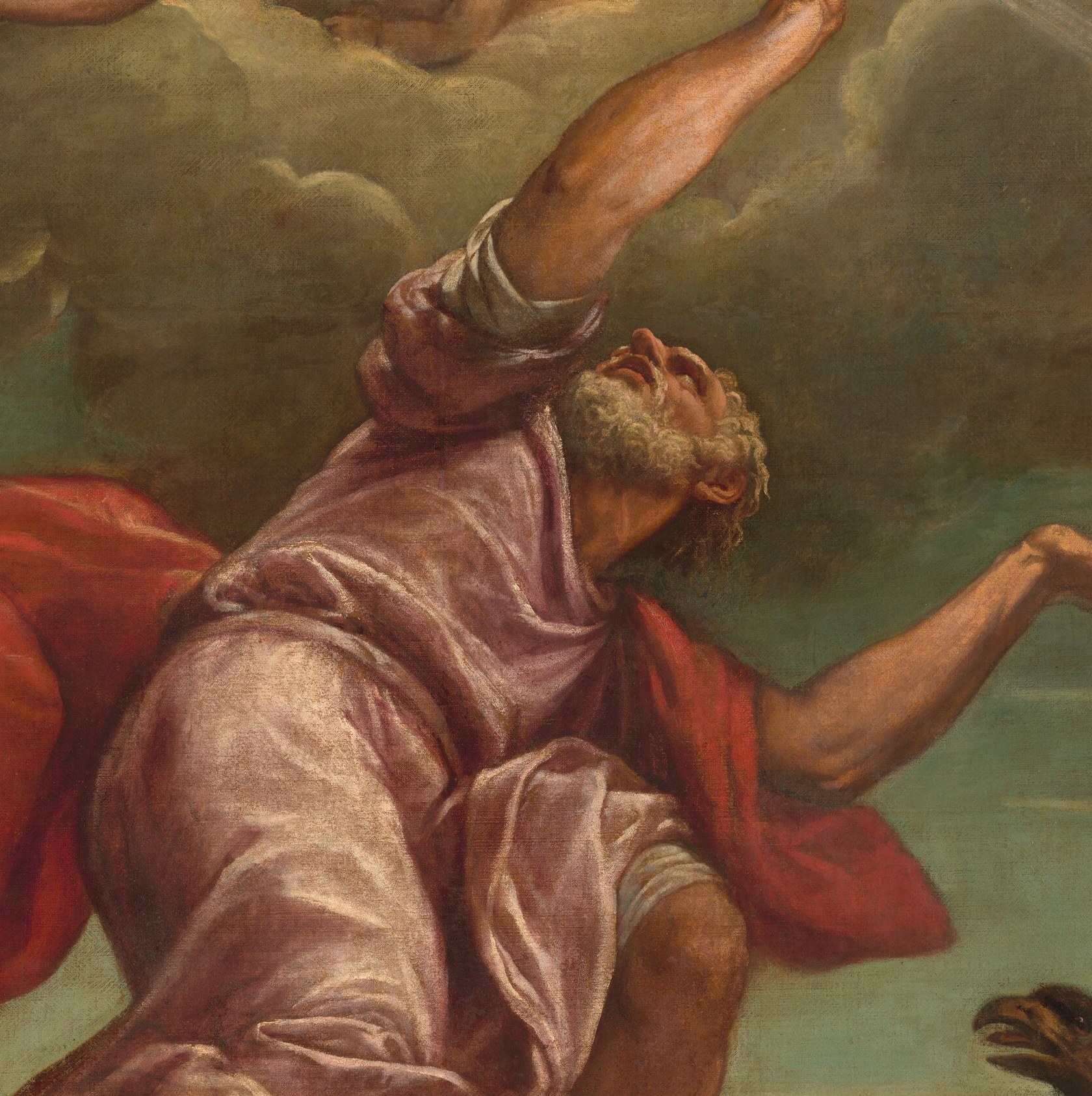 Titian's signature use of vivid red , the warm hue anchors the figure and demonstrates his mastery of fabric rendered with loose, expressive brushwork.