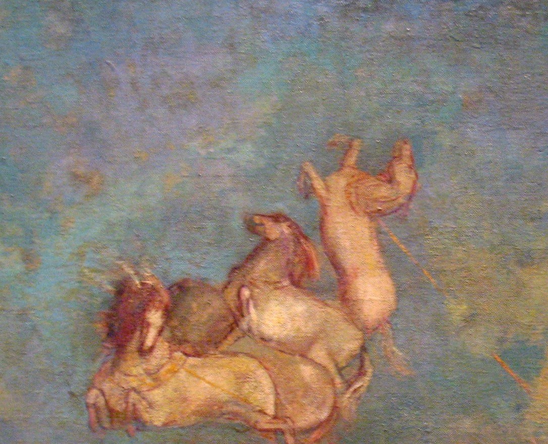 The primary mythological subject , two horses barely separated from the surrounding clouds, their soft white forms materializing out of atmosphere rather than occupying solid space