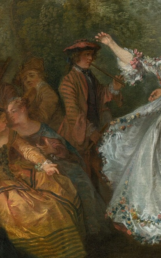 He appears to be observing the dance, adding to the sense of a social gathering.