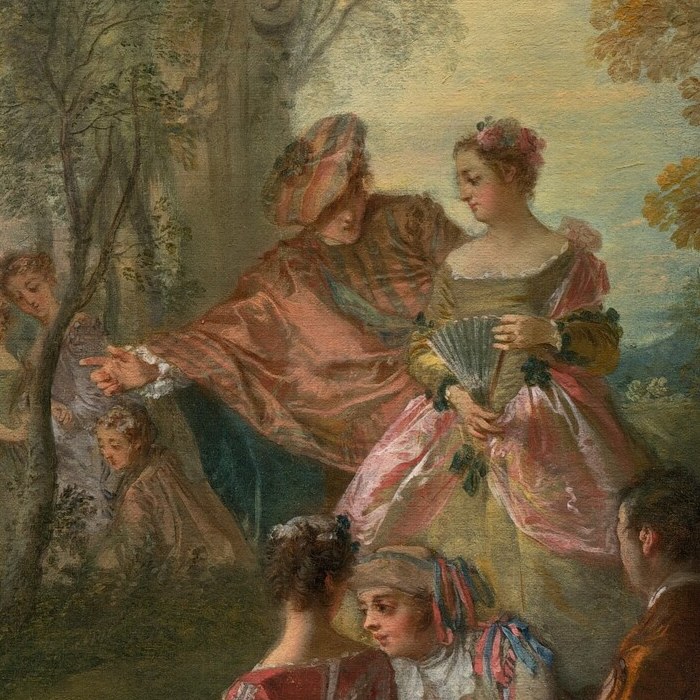 Their relaxed posture and interaction provide a contrast to the active dancers.