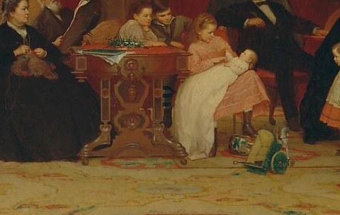 The domestic furniture around which the family gathers; its surface likely bears a book or papers , the literal object of collective attention , and grounds the composition.