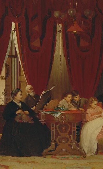 The compositional and narrative anchor , reading aloud was the primary shared intellectual and moral activity of the Victorian family, making this figure the hinge of the whole scene.