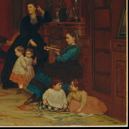 Multiple children in varied informal postures , some attentive, some restless , convey the unposed energy of a real household rather than a stiff portrait commission.