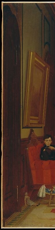 Dominant theatrical drapery anchors the left edge and signals the wealth of an 1870s upper-class interior , a deliberate status marker framing the entire scene.