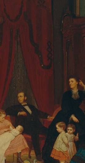 The upright paternal figure flanks the reading scene with quiet authority; his dark suit creates tonal contrast against the lighter palette clustered around the mother.