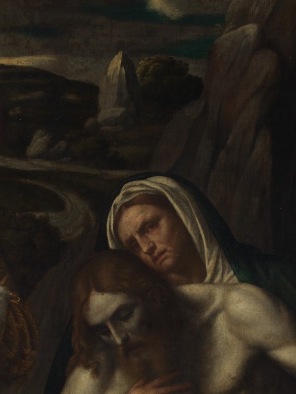 Her bowed head and veil frame sorrow with classical restraint; the proximity to Christ's face creates an intimate pietà-like moment
