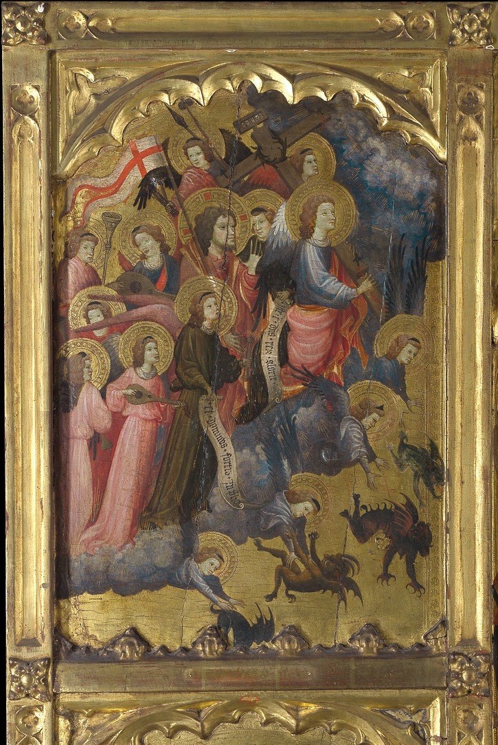 The theological pivot of the altarpiece , Christ's triumph is placed directly beside and slightly above the saint, implying his authority derives from this victory