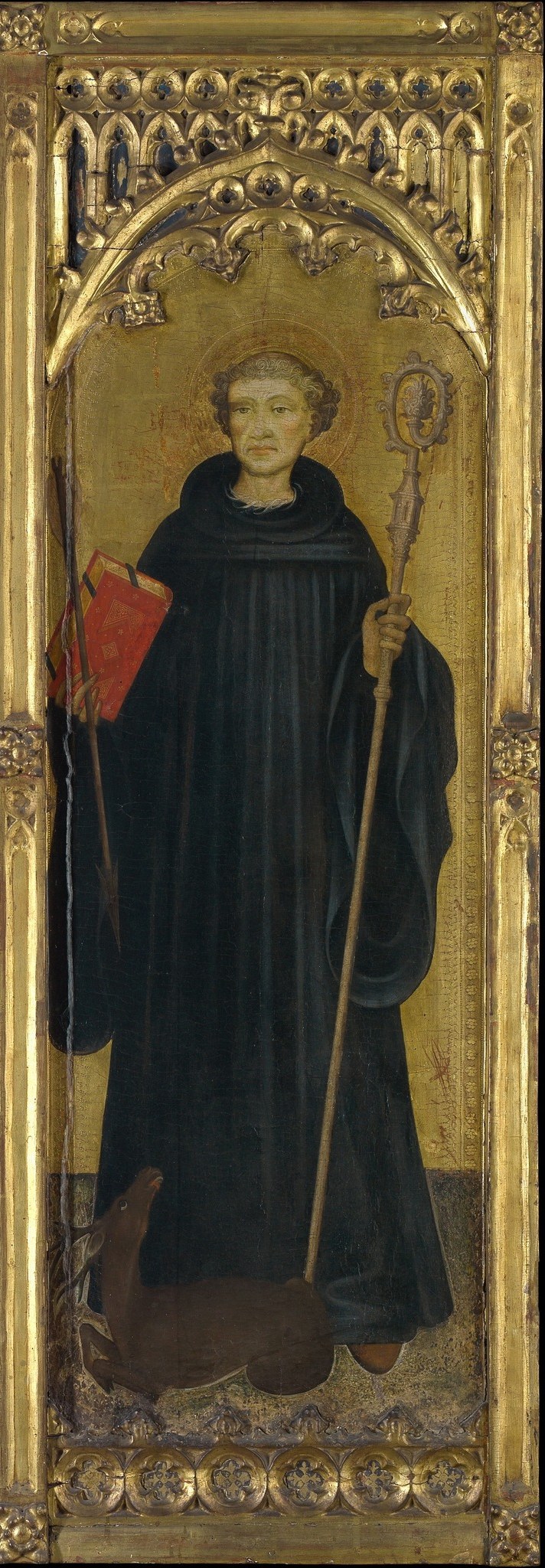 Dominant devotional image , the saint fills the full right half of the altarpiece, commanding the viewer's gaze before the narrative panels are even parsed
