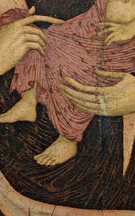 These hands are rendered with delicate detail, emphasizing the protective and nurturing aspect of motherhood.