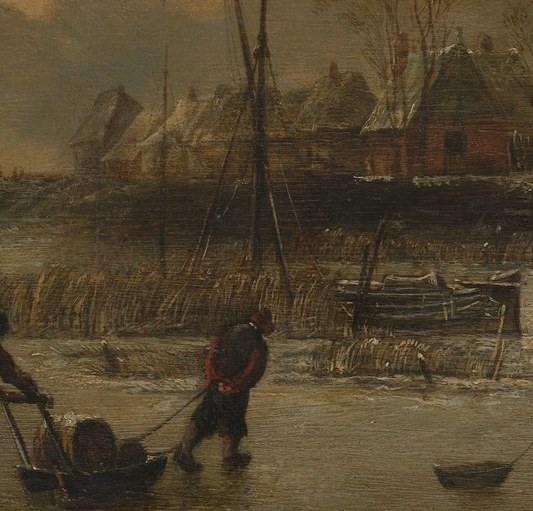 A man hauls a sled. Small acts of daily work, not armies.