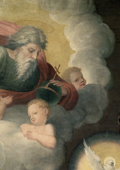 Overhead, God the Father blesses the scene.