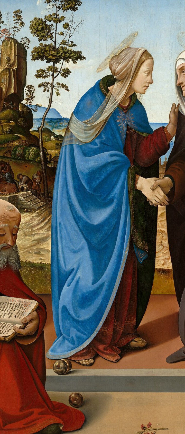 Costly lapis-lazuli blue signals Mary's divine status; the sculptural fall of fabric is a technical showpiece of oil-on-panel handling.