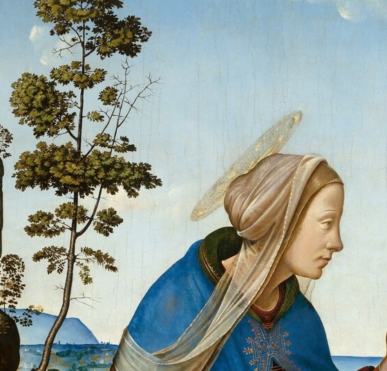 Serene, youthful expression marks the moment of recognition; gaze direction anchors the emotional axis of the whole composition.