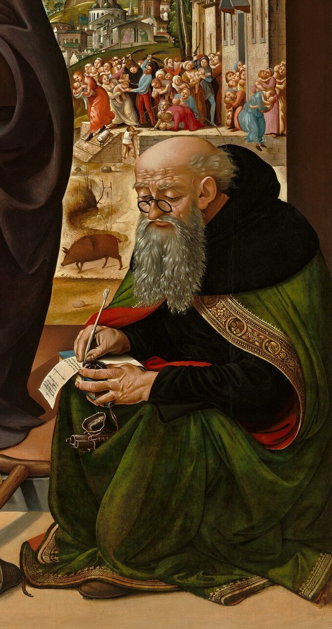 Elderly hermit saint gazes out of the scene; his combination of spectacles, tau-cross staff, and green robes encodes his full identity for the informed viewer.