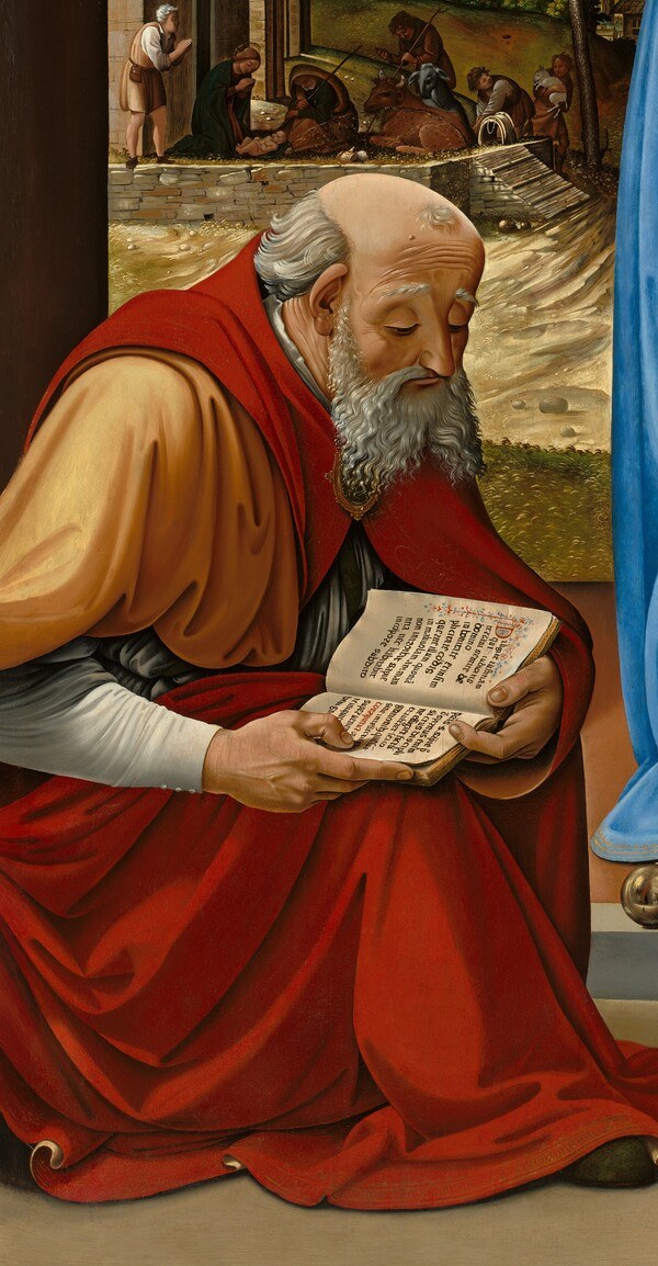 Nicholas absorbed in scripture contrasts with Anthony's outward gaze; the open book and his red robe signal his episcopal identity.