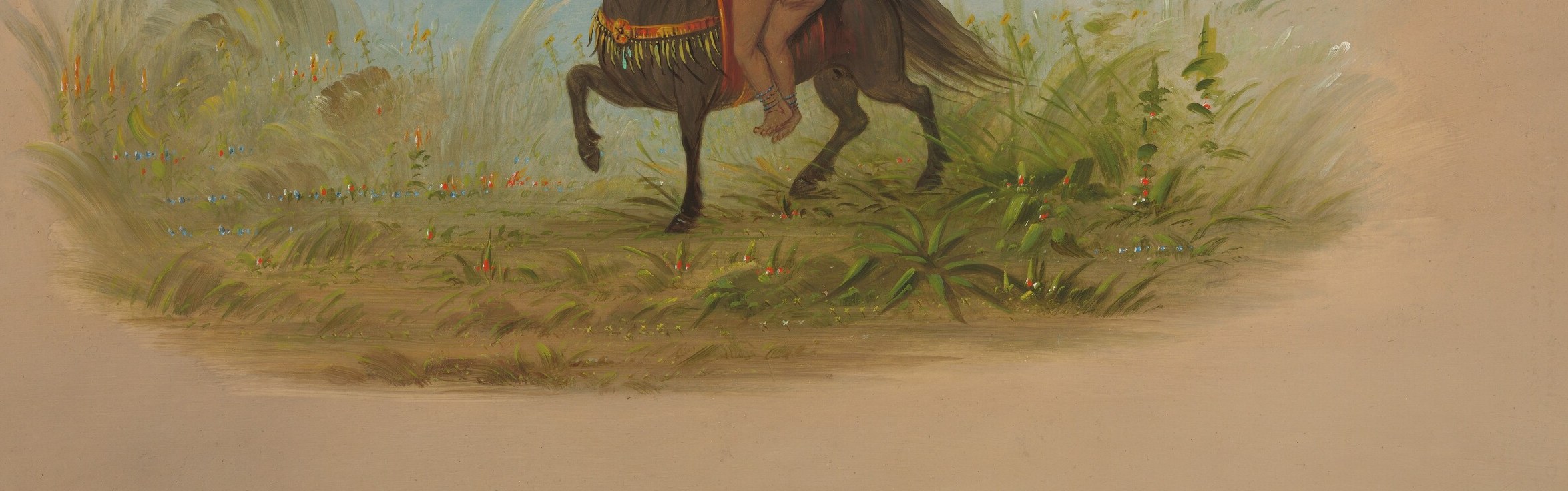 The varied textures and colors of the vegetation ground the figures and suggest a natural, untamed environment.