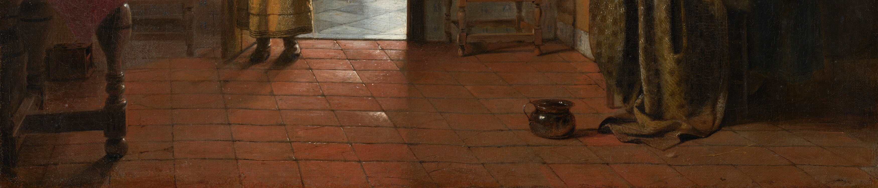 The detailed rendering of the floor tiles showcases the artist's skill and contributes to the realistic depiction of the space.