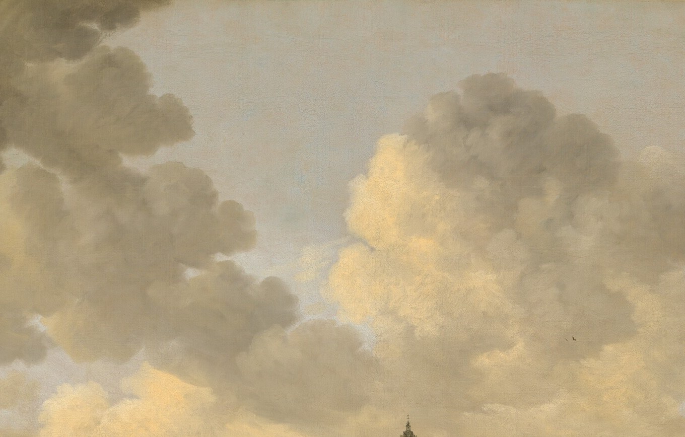 Sky occupies nearly two-thirds of the picture surface , the real subject of Van Goyen's atmospheric ambition, with billowing volumes that dwarf the town below.