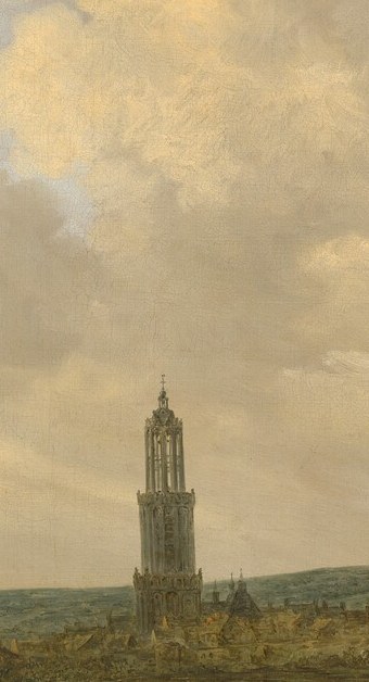 The vertical anchor of the entire composition; Van Goyen used this identifiable Rhenen landmark as a locating pin against the horizontal sweep of rooftops and sky.