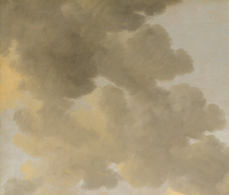 The tonal counterweight to the sunlit right sky; this threatening shadow zone gives the painting its sense of Dutch weather in motion.