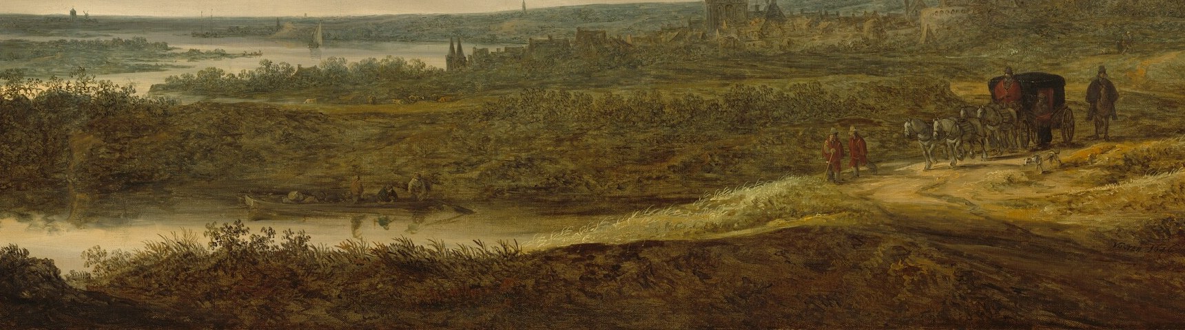 Van Goyen's warm umber-and-buff handling of Dutch sandy soil , the texture and tonal shift from foreground to mid-ground is the primary spatial engine of the painting.