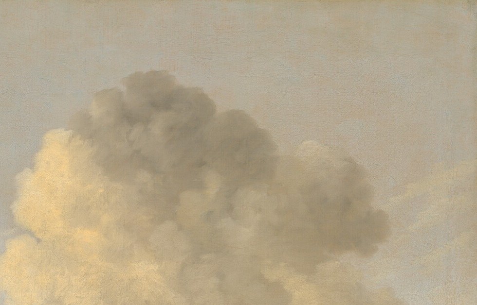 The principal light source: a pale golden rift that backlights the clouds and pours luminosity over the town rooftops below, demonstrating Van Goyen's command of natural light.