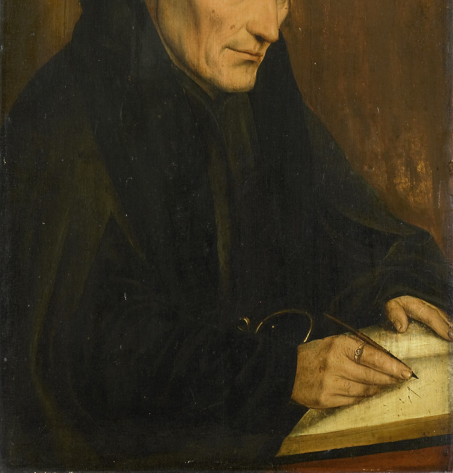 The voluminous dark robe emphasizes his scholarly or clerical role and creates a somber, contemplative mood.