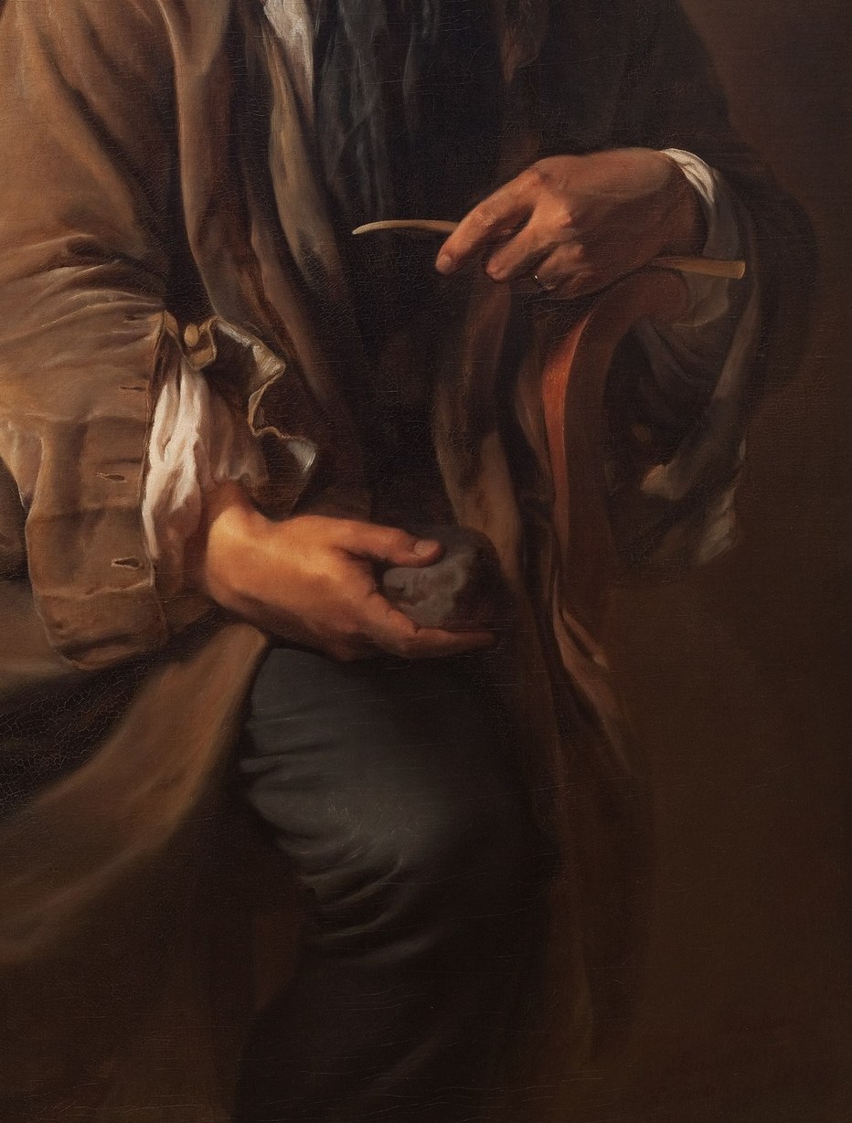 The soft folds and texture of the fabric suggest the artist's comfort and perhaps the tactile quality of his own work.
