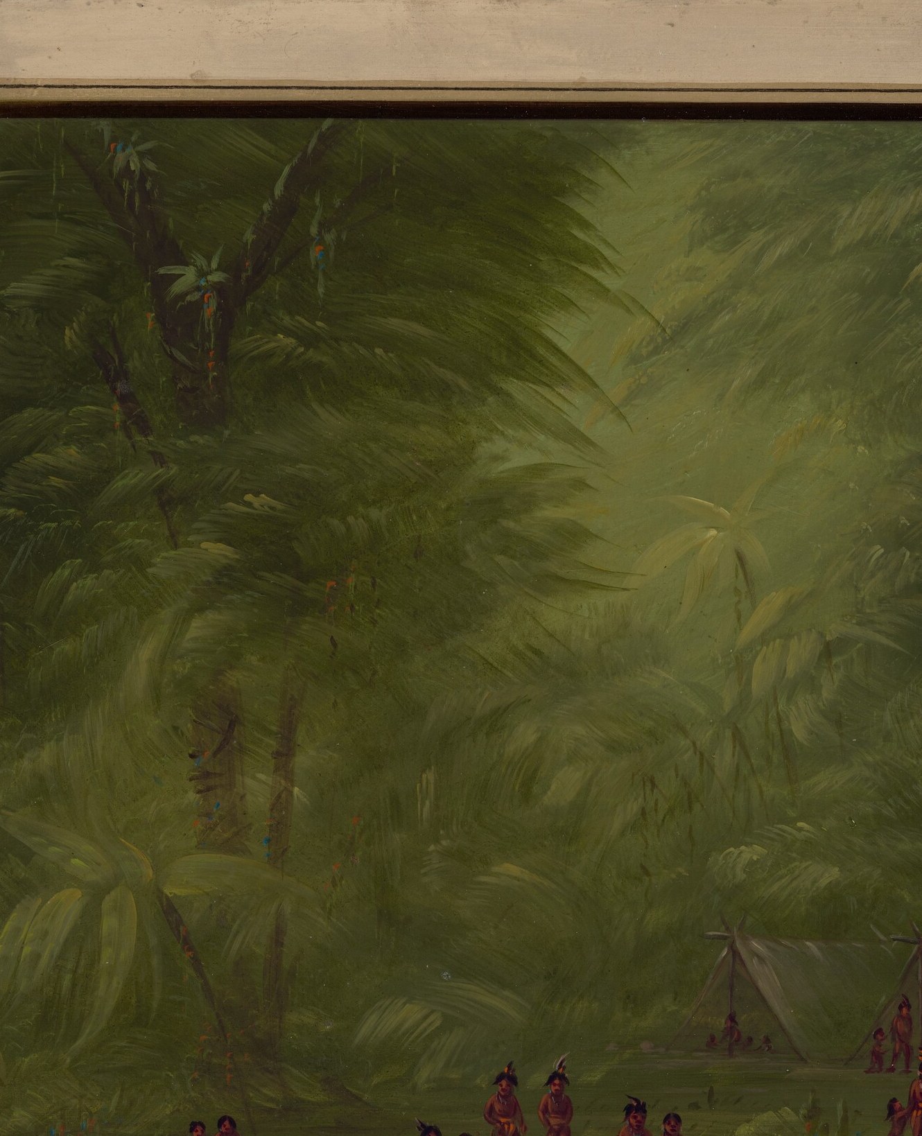 His thick brushwork captures the dense forest surrounding the camp.